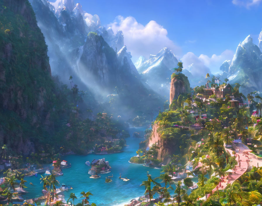 Fantasy landscape with snow-capped mountains, green valley, water, boats, and whimsical architecture