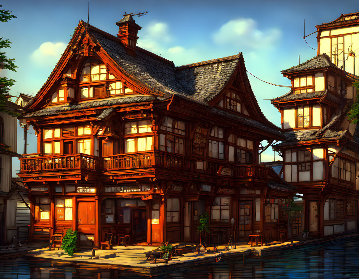 Intricate Traditional Japanese Wooden Building by Riverside at Dusk