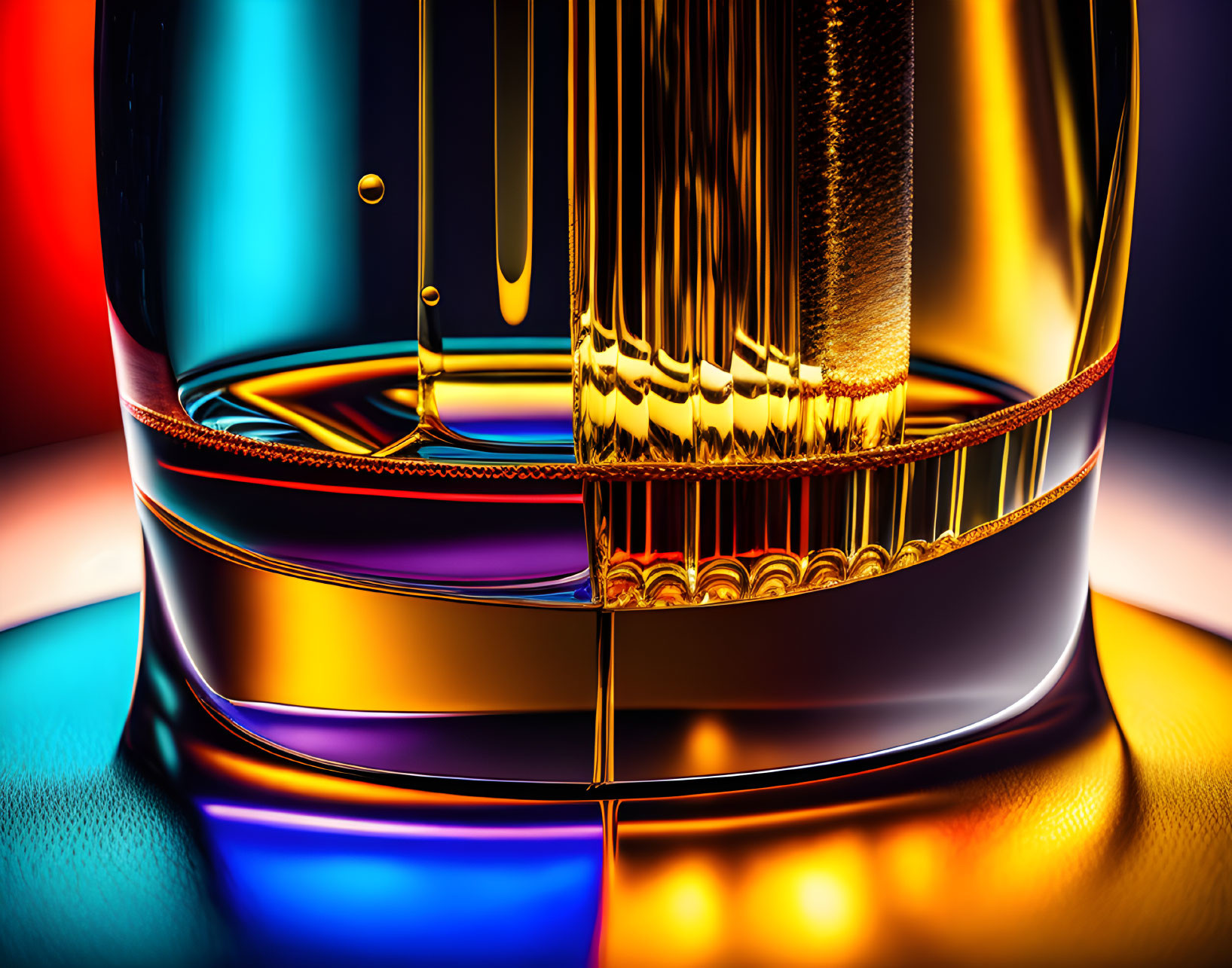 Glass with golden liquid on vibrant multicolored surface with light patterns