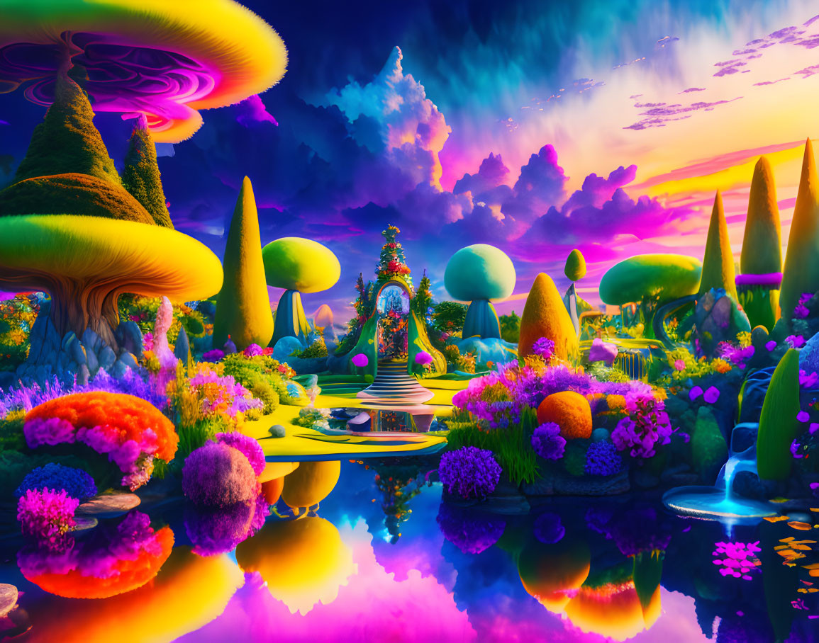 Fantasy landscape with mushroom trees, colorful flora, and serene pond