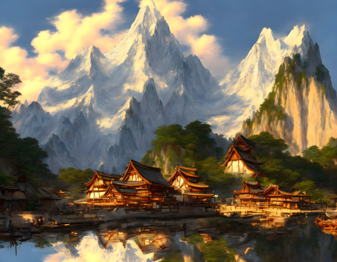 Tranquil lake with traditional-style buildings and snow-capped mountains