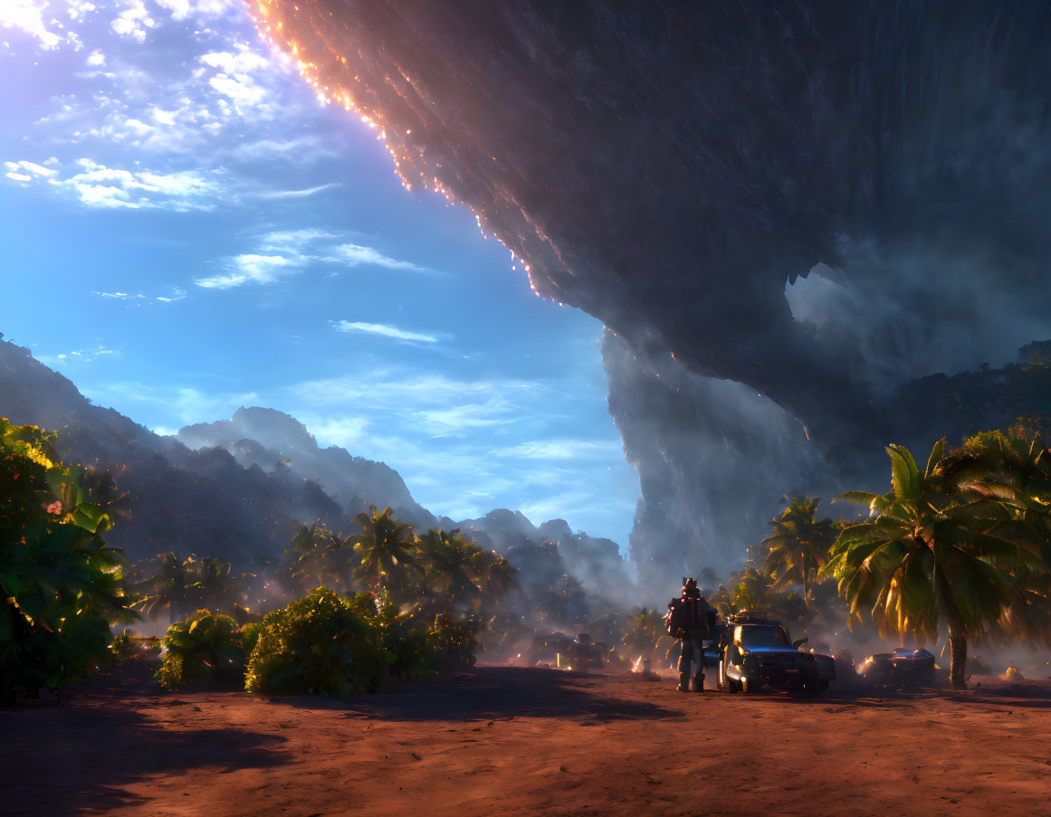 Dramatic scene: Two people and car under massive, dark cliff with glowing magma above lush jungle