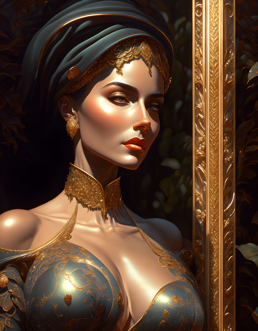 Regal woman wearing turban and gold jewelry gazes sideways