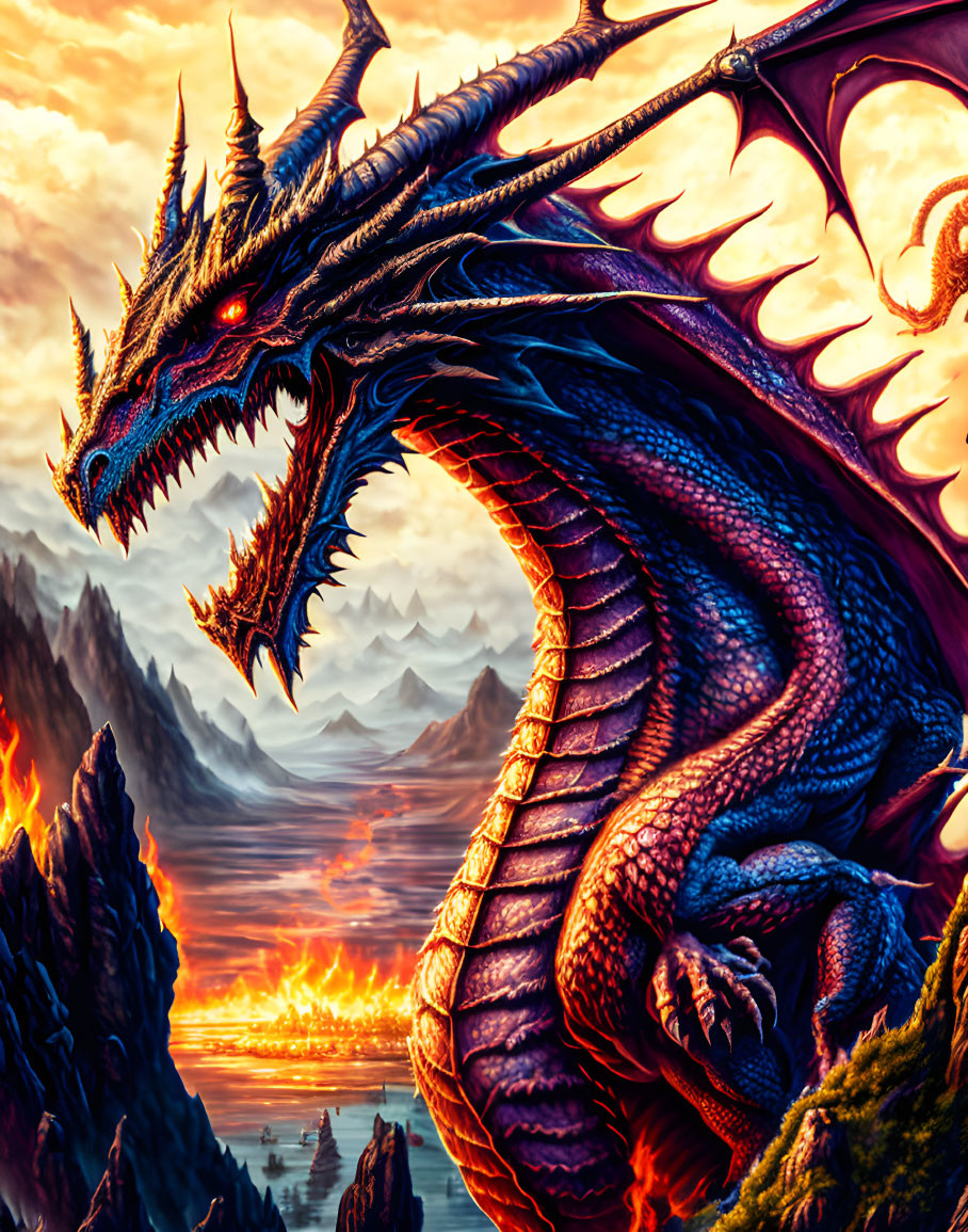 Dragon perched on cliffs with glowing scales and unfurled wings at sunset