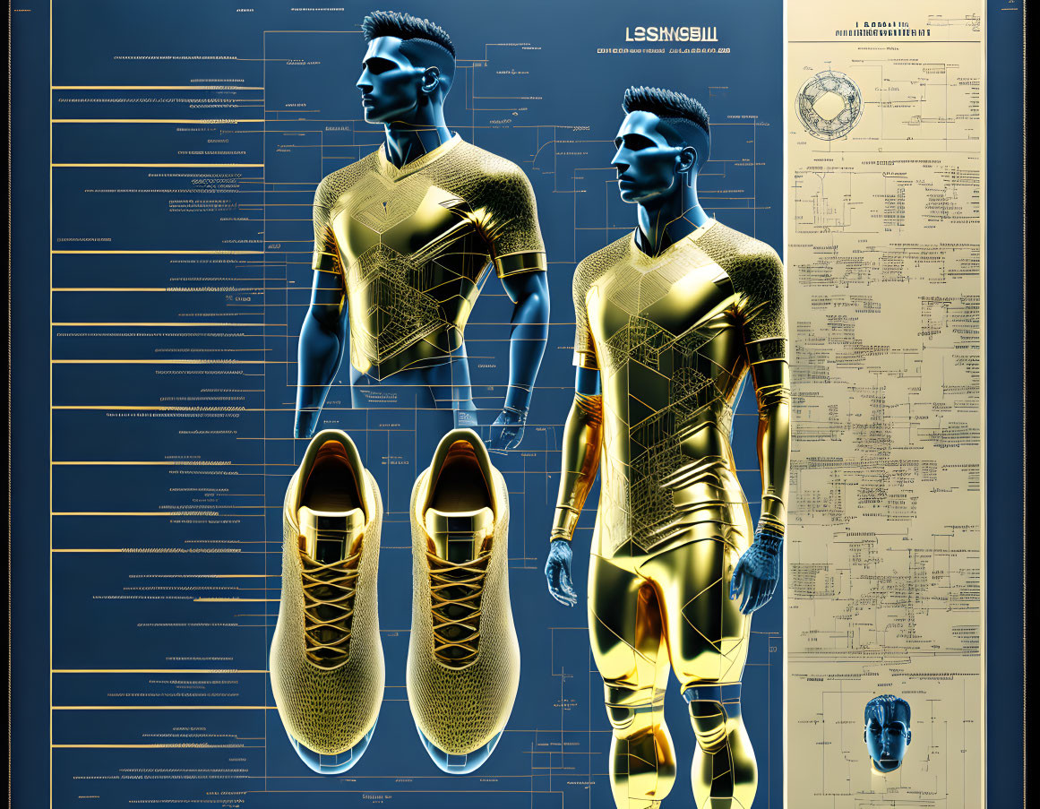 Male Figure in Golden Sports Kit on Blue Background with Schematics