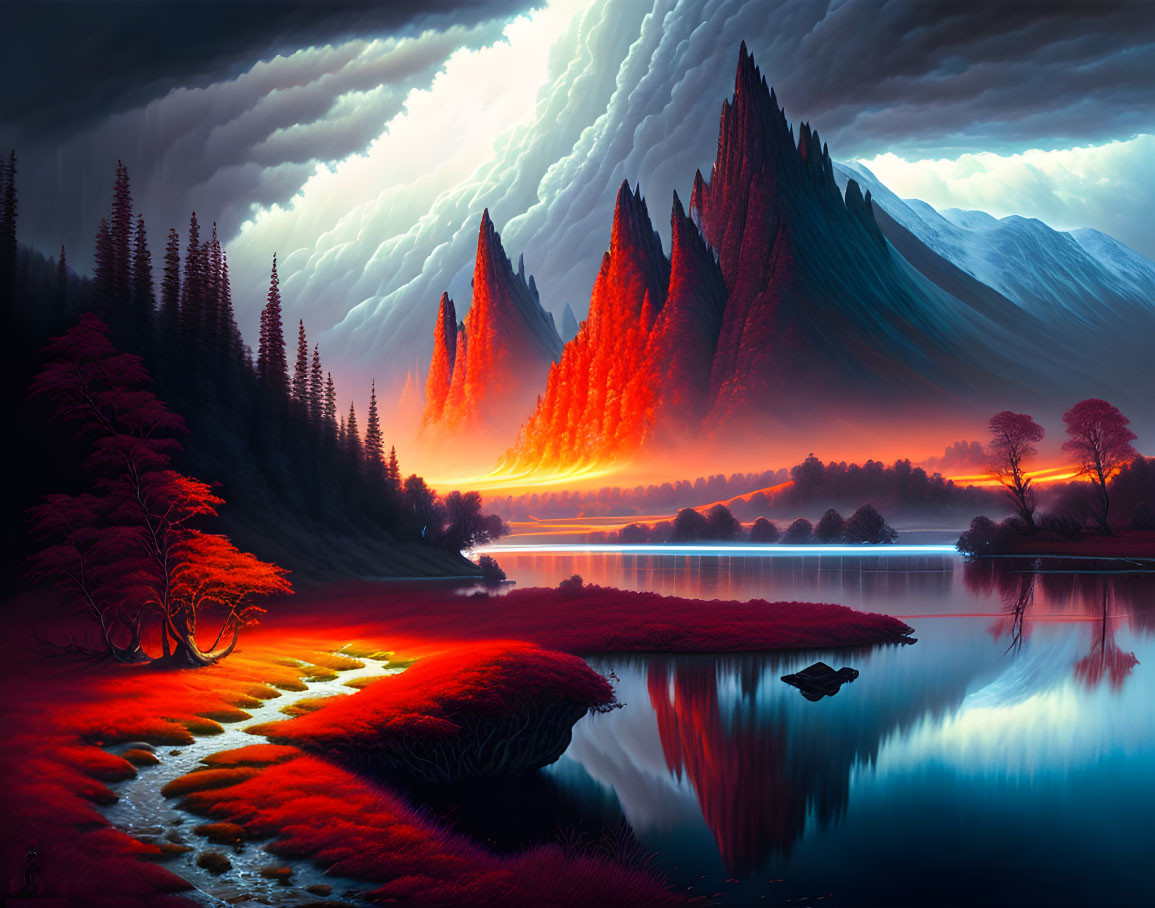 Colorful digital artwork: Red and blue landscape with mountains, lake, and dramatic skies