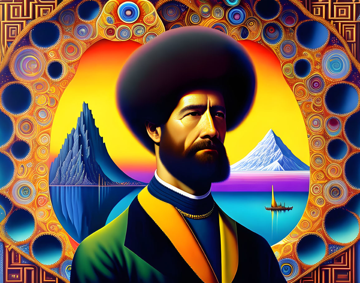 Colorful Psychedelic Portrait of Bearded Man in Mountain Landscape