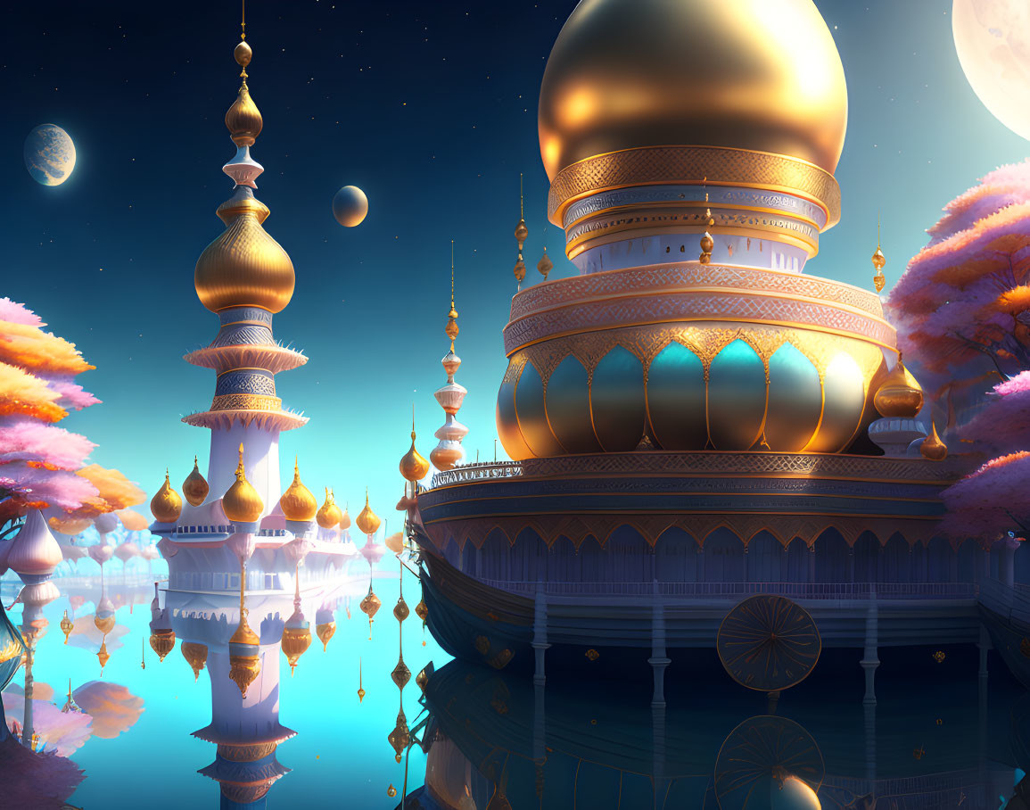 Ethereal night scene with golden domes and pink trees by tranquil water