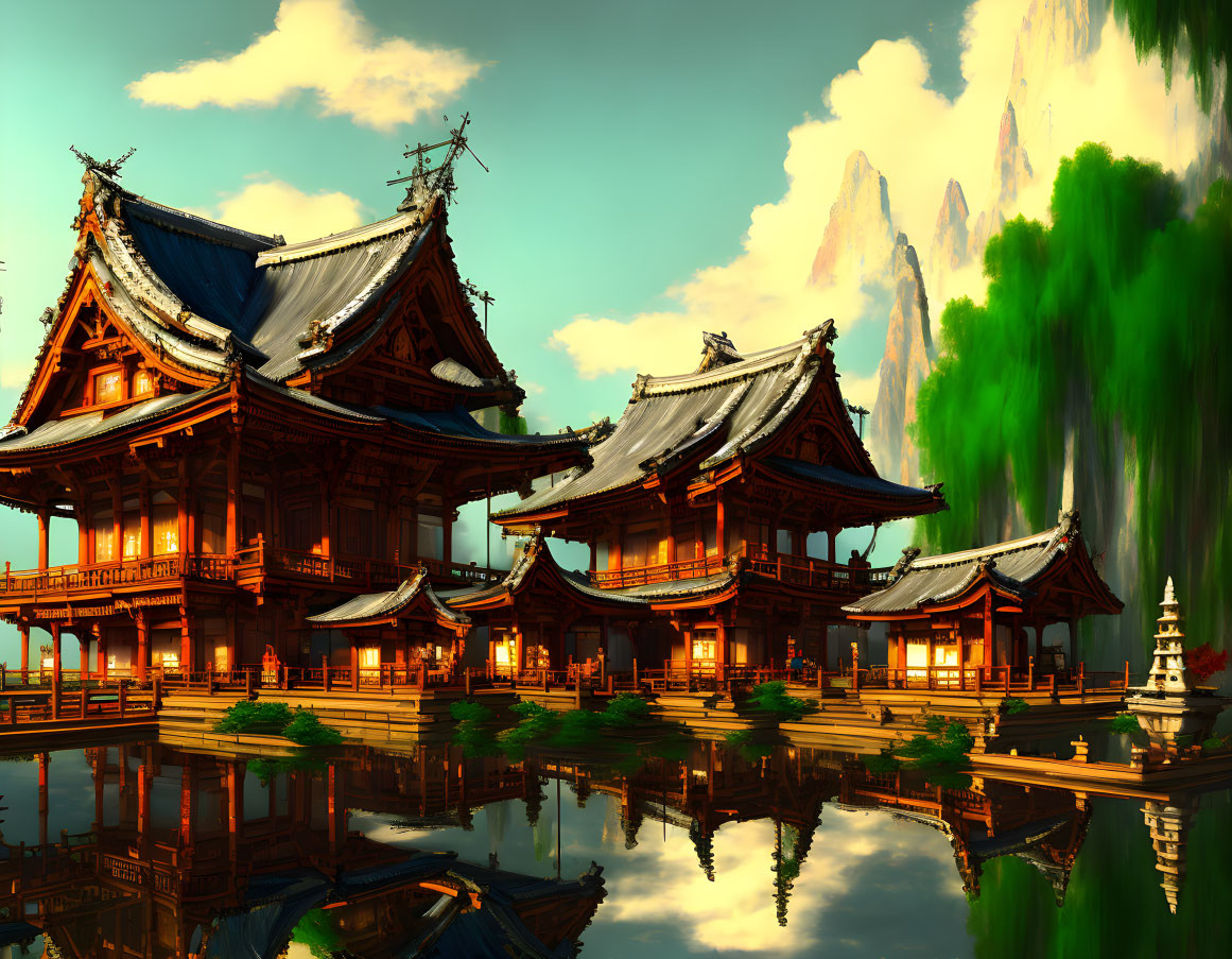 Wooden buildings with intricate roofs by tranquil pond, mountains, waterfalls.