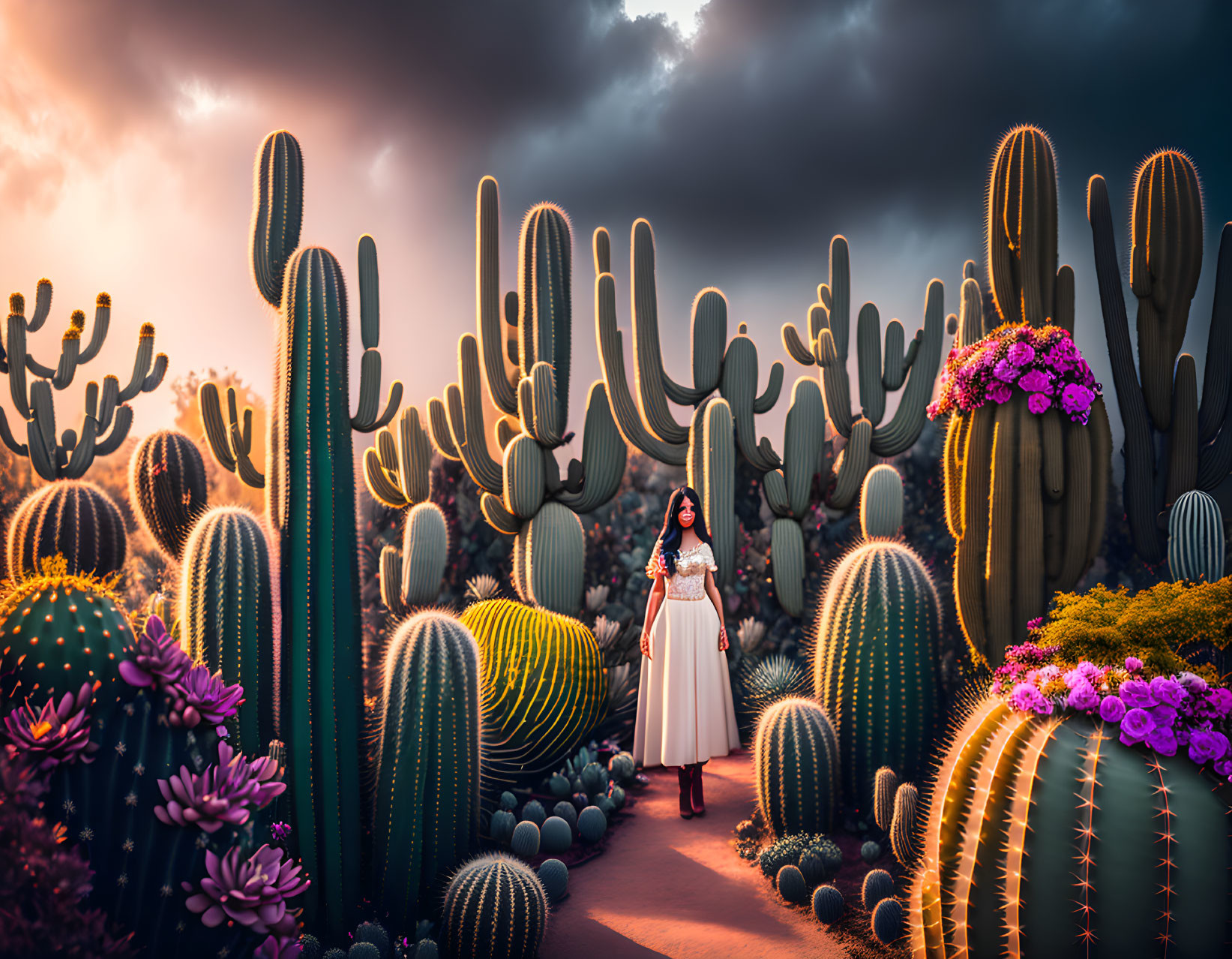 Woman in white dress in vibrant cactus garden under dramatic sky