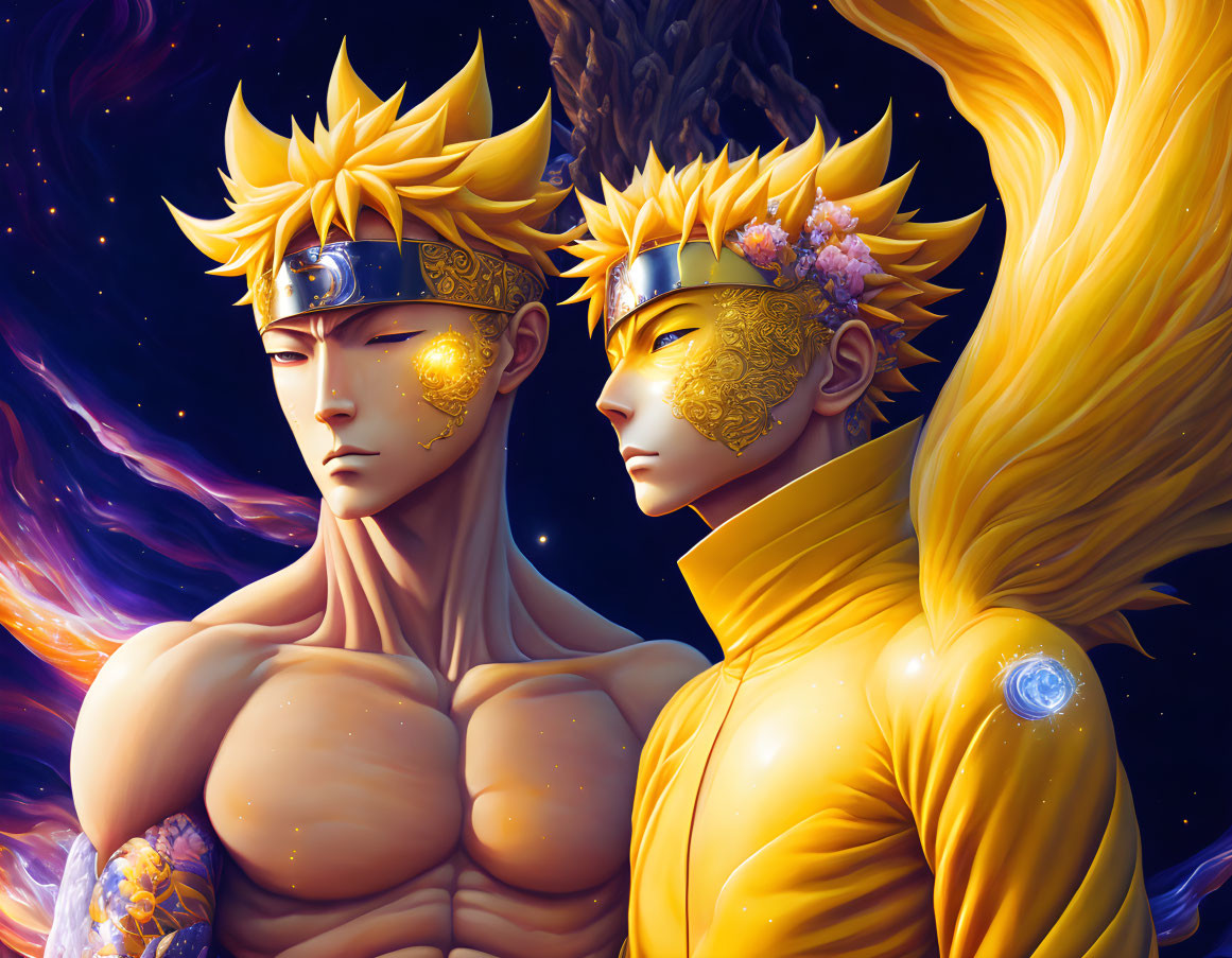 Stylized characters with golden hair and tattoos in cosmic setting