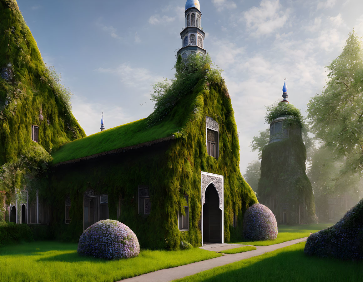 Ivy-covered buildings in misty forest setting