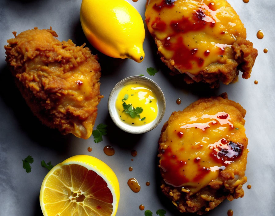 Crispy fried chicken with tangy sauce and lemon wedges