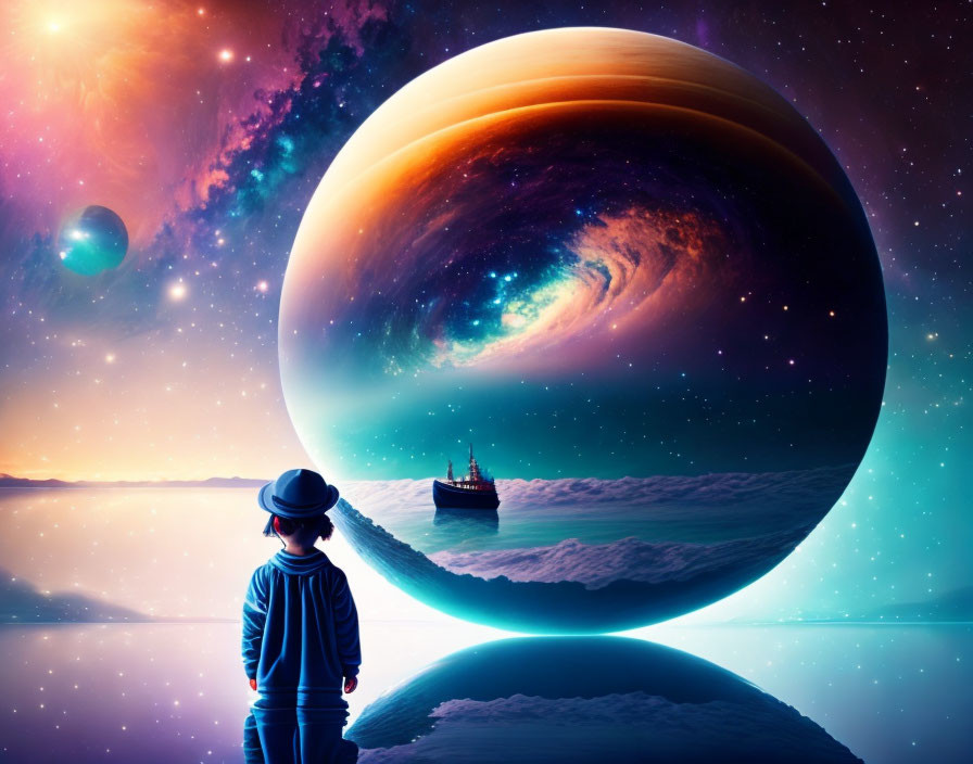 Person in hat gazes at surreal planets in star-filled sky with floating ship