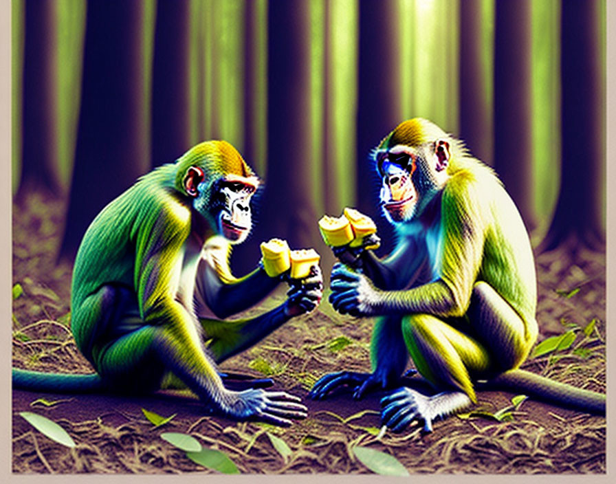 Colorful Monkeys Sharing Fruit in Stylized Jungle Environment