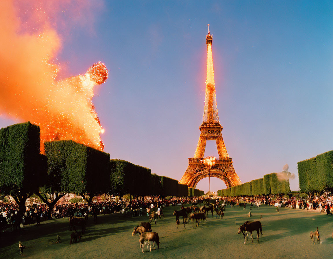 Iconic Eiffel Tower with fireworks, greenery, animals, and crowd.