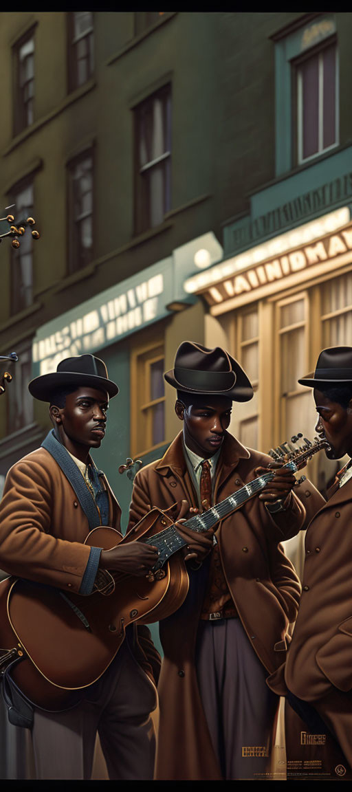 Three men playing guitars on vintage urban street with buildings and barbershop sign.