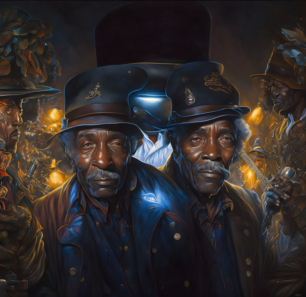 Surreal artwork: Two elderly men with top hats and floating candles