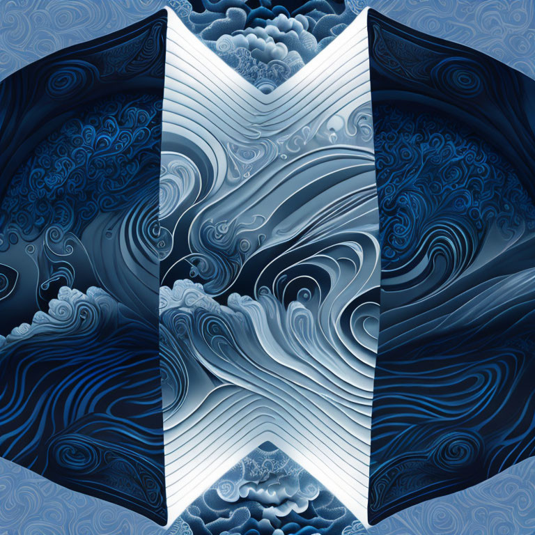 Symmetrical Blue and White Wave Pattern with 3D Chevron Shape