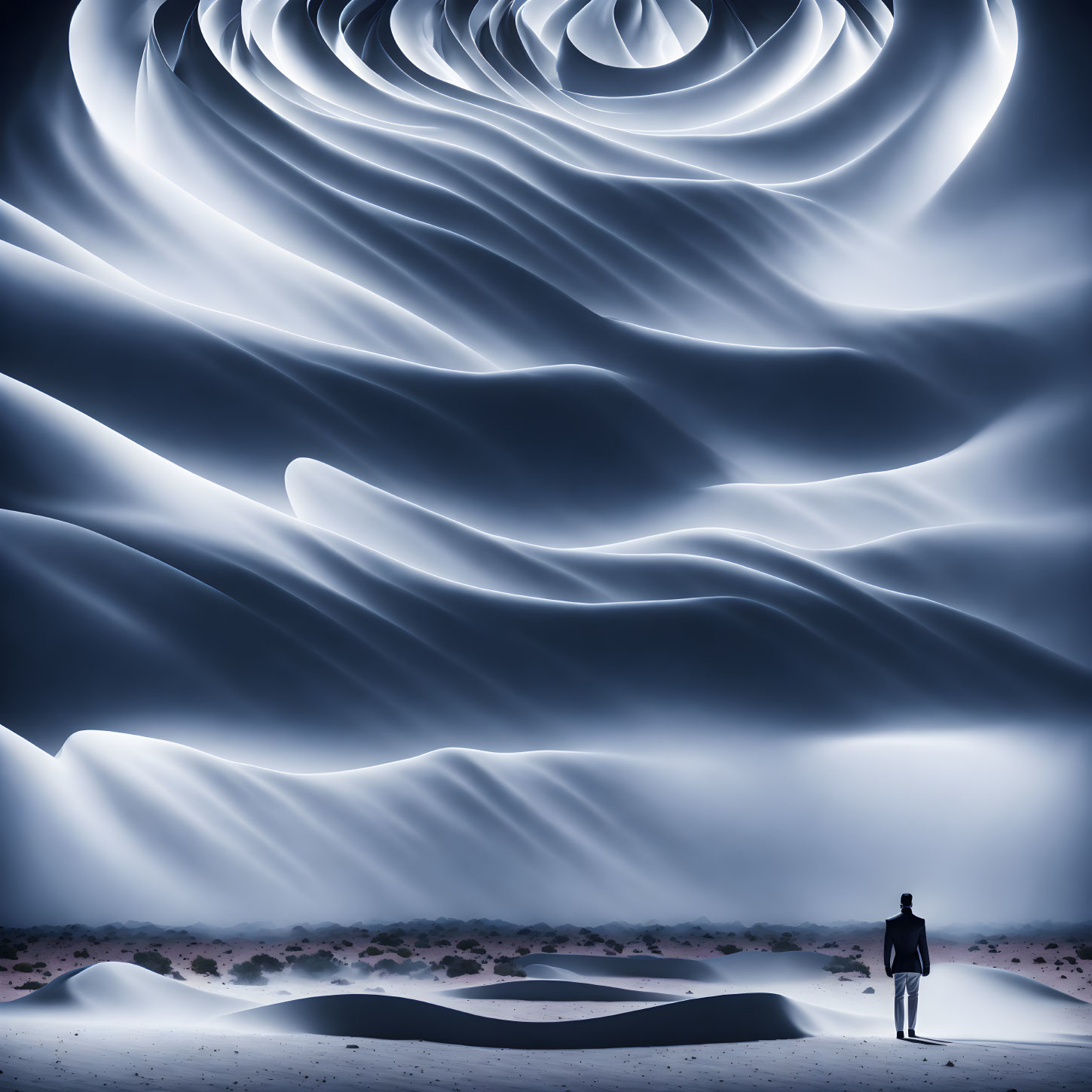 Surreal monochromatic landscape with swirling sky patterns