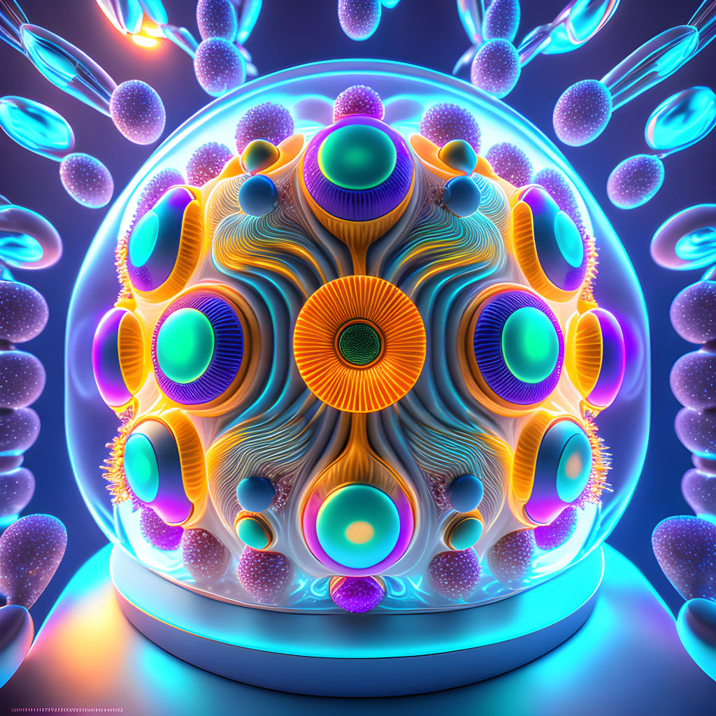 Colorful 3D illustration: Glowing orb in glass dome with abstract shapes in neon-lit