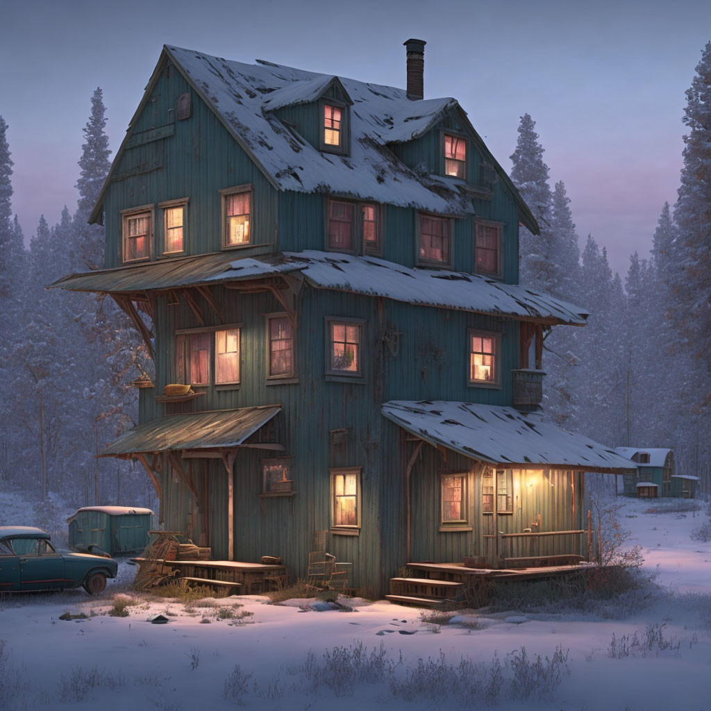 Rustic green house with illuminated windows in snowy landscape