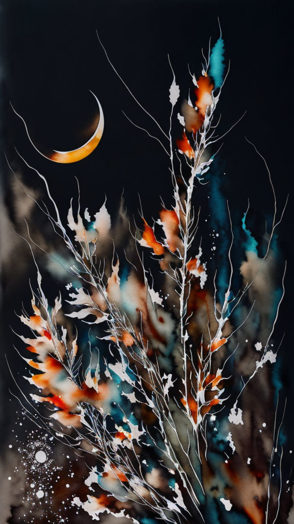 Delicate white botanical silhouettes with orange and blue splashes on dark background