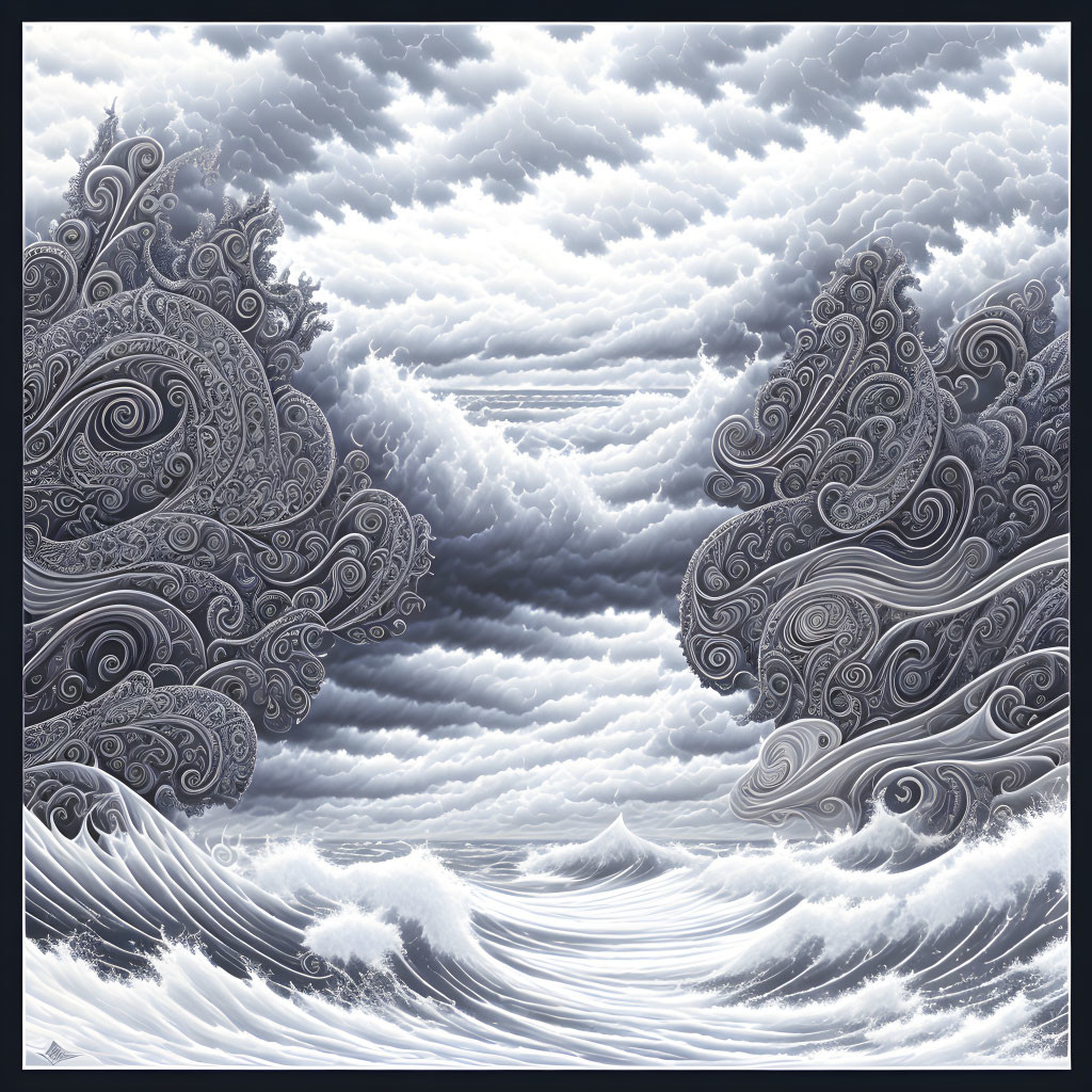 Monochromatic surreal seascape with stylized waves and clouds