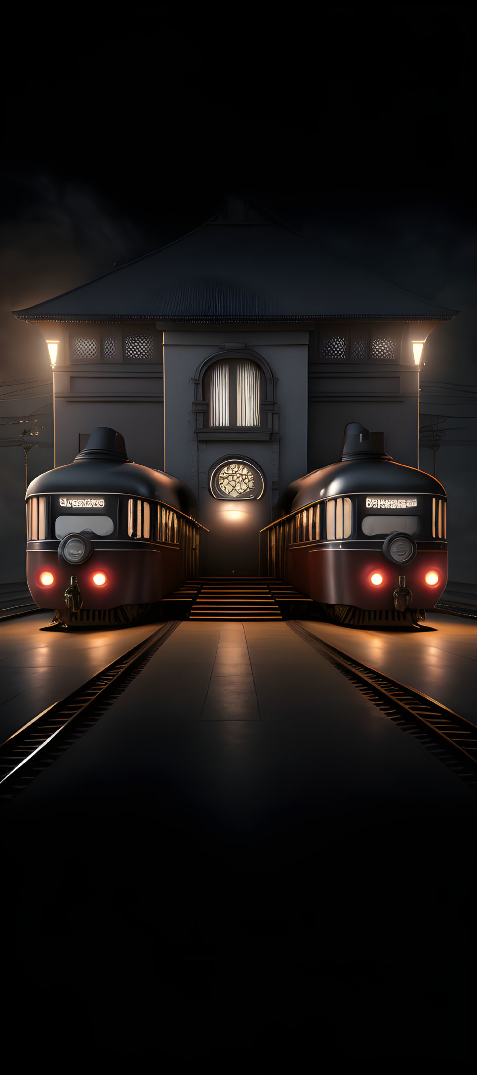 Retro-futuristic trains meet at classical architecture station at night