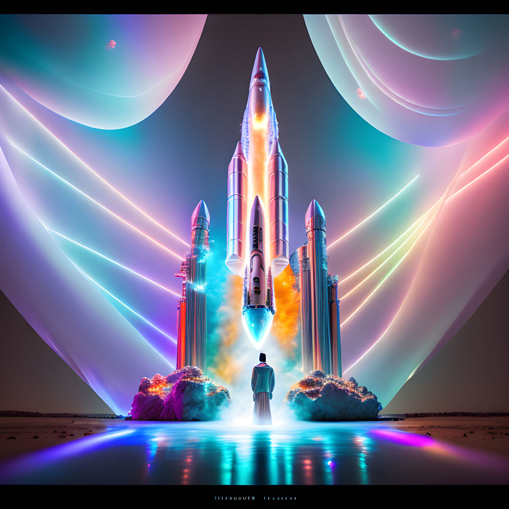 Futuristic rocket launch with colorful lights and dynamic smoke effects