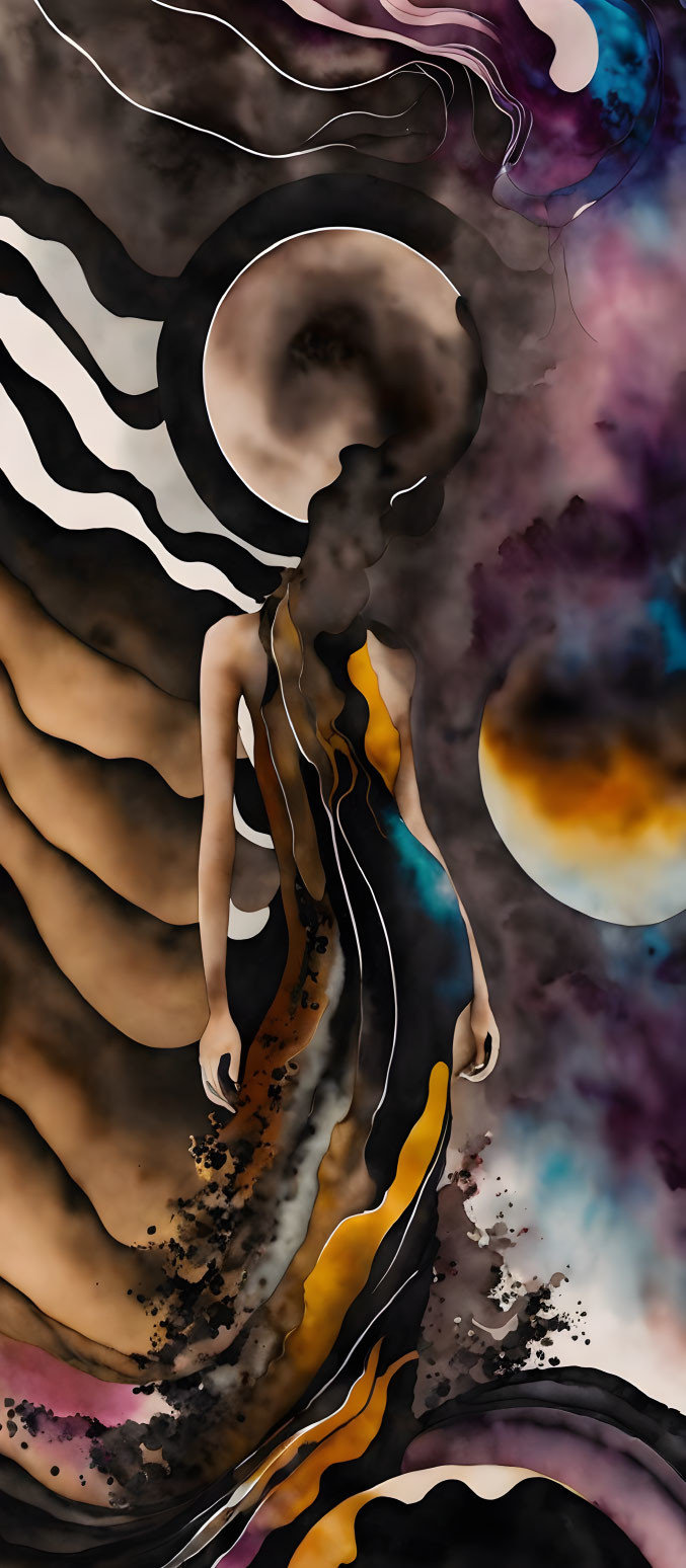 Surreal Figure with Ethereal Silhouette in Cosmic Colors