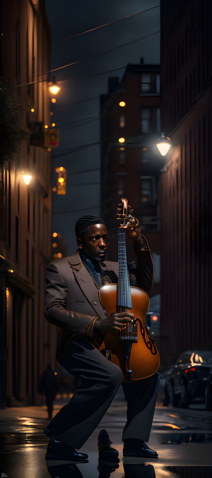 Man in suit plays cello on illuminated city street at night