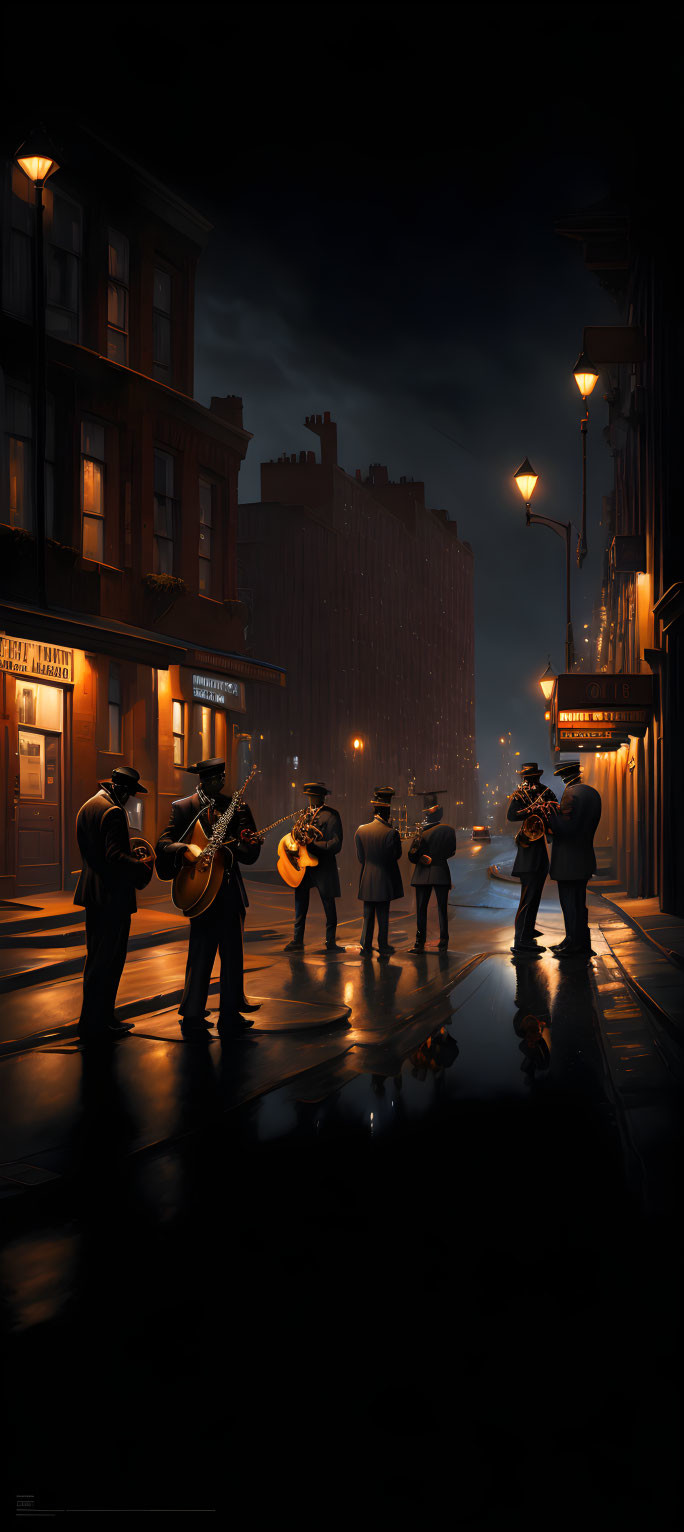 Musicians playing on rainy nighttime street with glowing streetlights.