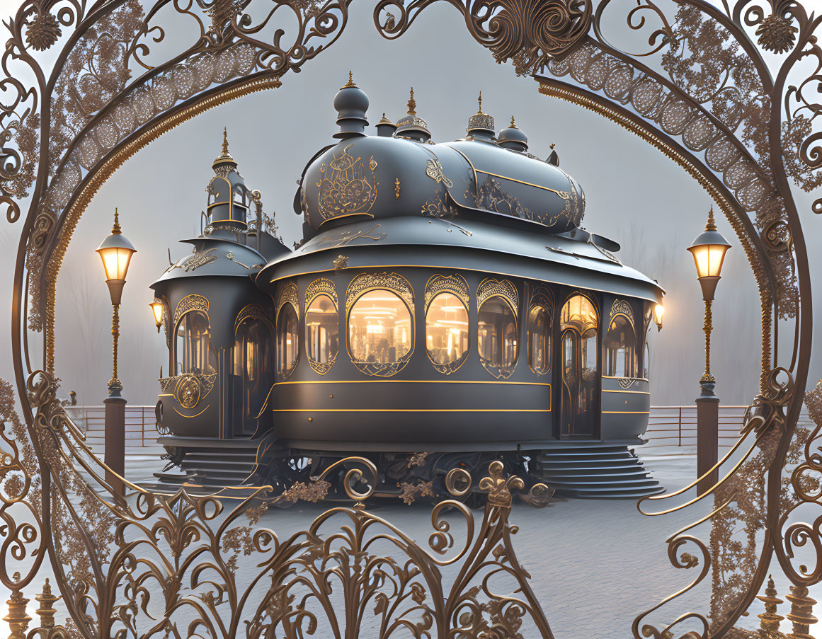 Intricate Metalwork Carousel with Glowing Lamps in Twilight