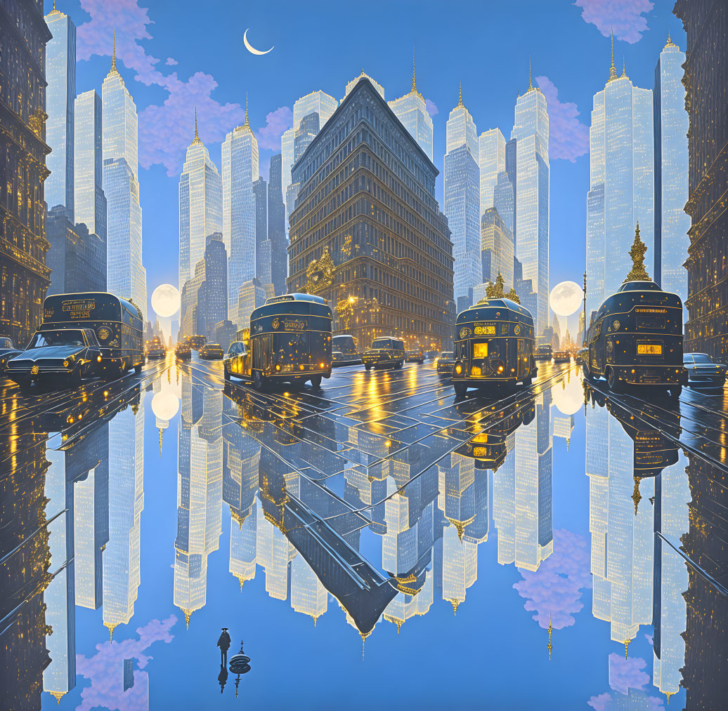 Surreal cityscape at dusk: illuminated streets, mirrored skyscrapers, vintage buses, cres