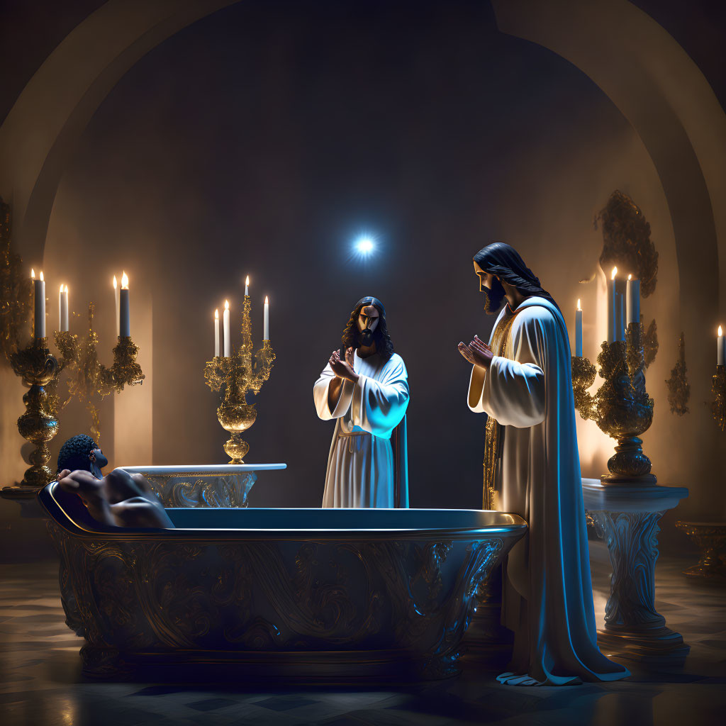 Dimly Lit Room with Robed Figures by Ornate Bathtub