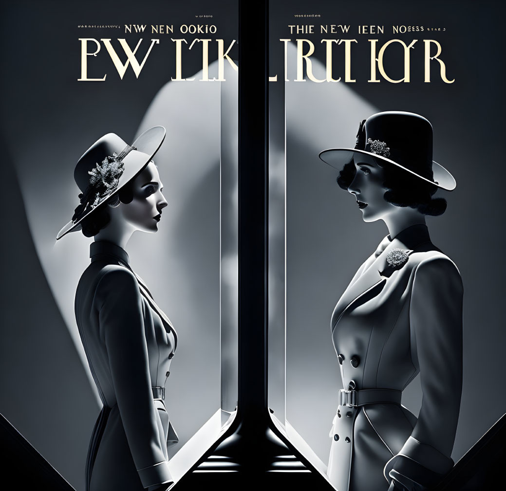 Stylized vintage female figures in mirrored composition with light and dark backgrounds