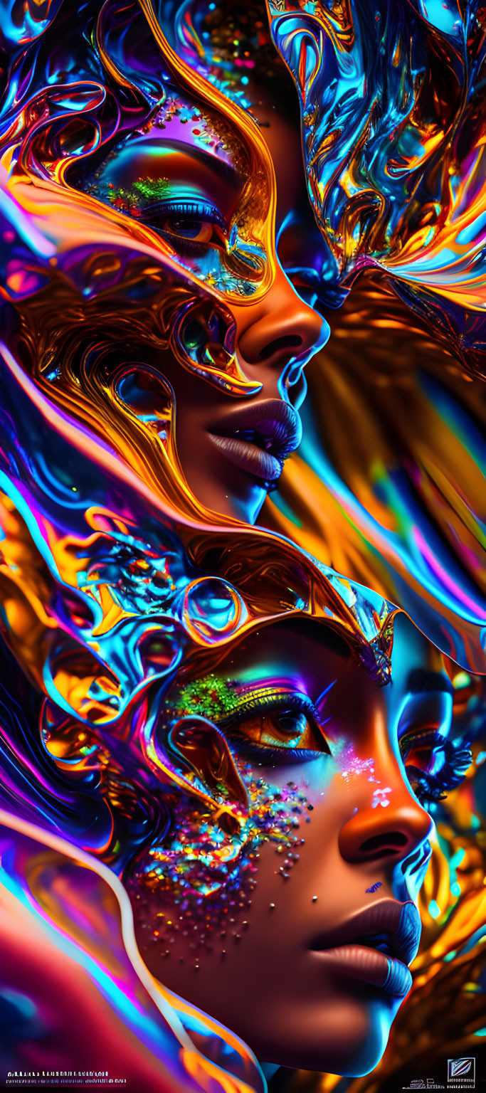 Colorful liquid-like textured faces with glitter and intricate details in digital art.