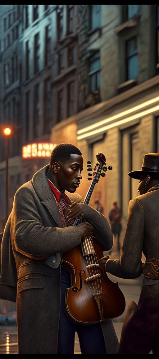 Man in coat plays violin on city street at warm evening.