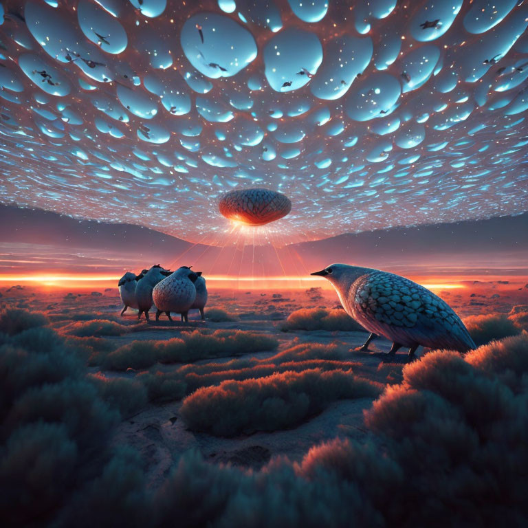 Surreal sunset landscape with sheep, giant bird, and reflective orbs