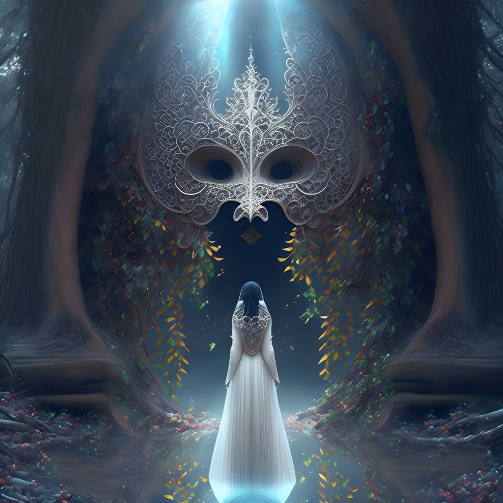 Woman in surreal forest with giant ornate mask and mystical light beam