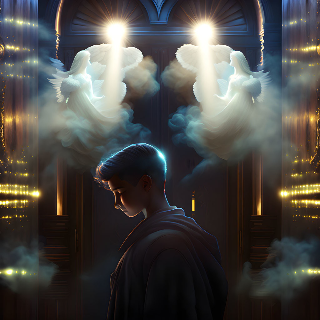 Person standing before mystical door with angelic figures in swirling smoke and golden lights