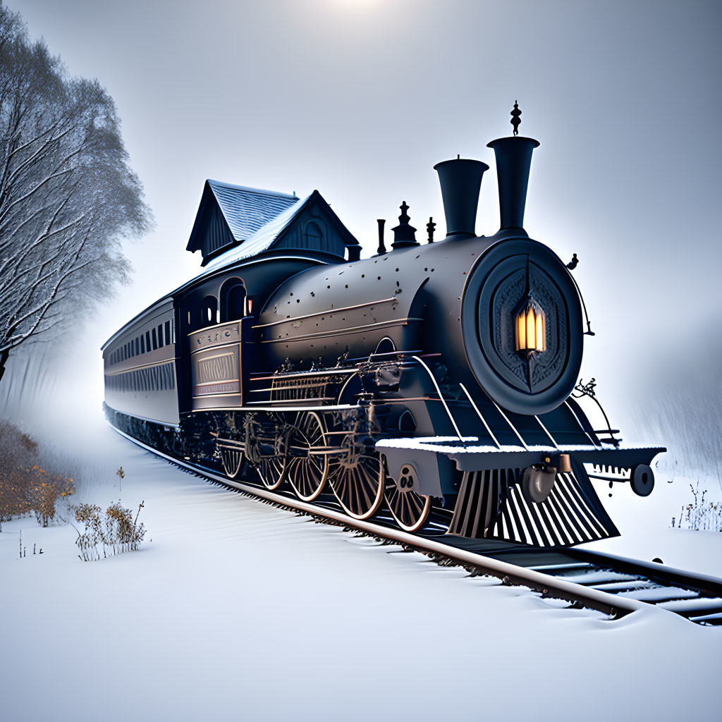 Vintage Black Steam Locomotive Travels Through Snowy Landscape