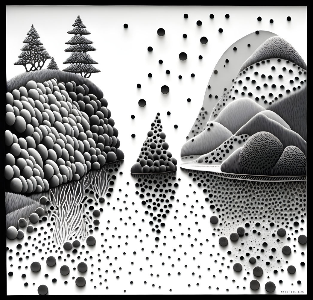 Abstract Monochrome Landscape with Stylized Trees and Dotted Texture