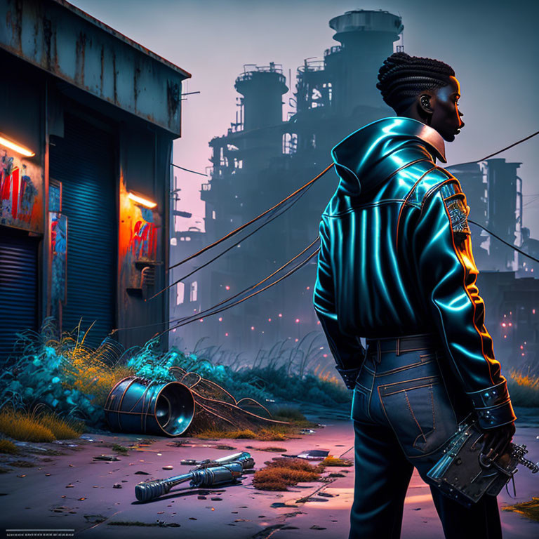 Futuristic man in glowing jacket with industrial backdrop and blue plants