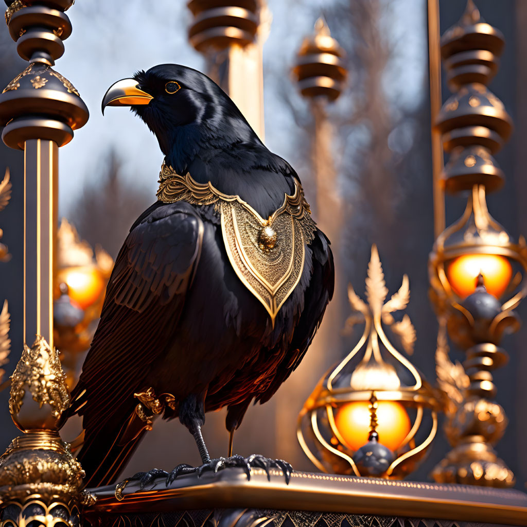 Majestic raven with golden necklace on ornate railing at twilight