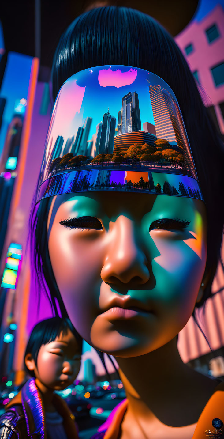 Stylized female character with reflective visor in neon-lit cityscape