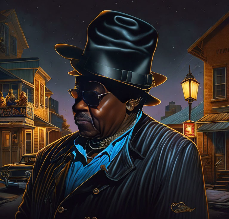 Illustrated man in black hat and striped suit at night in old-town street scenery