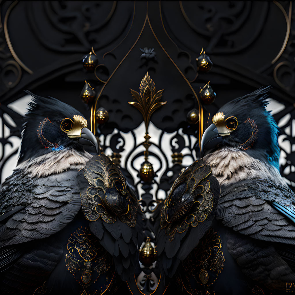 Symmetrical ornate birds with intricate golden patterns