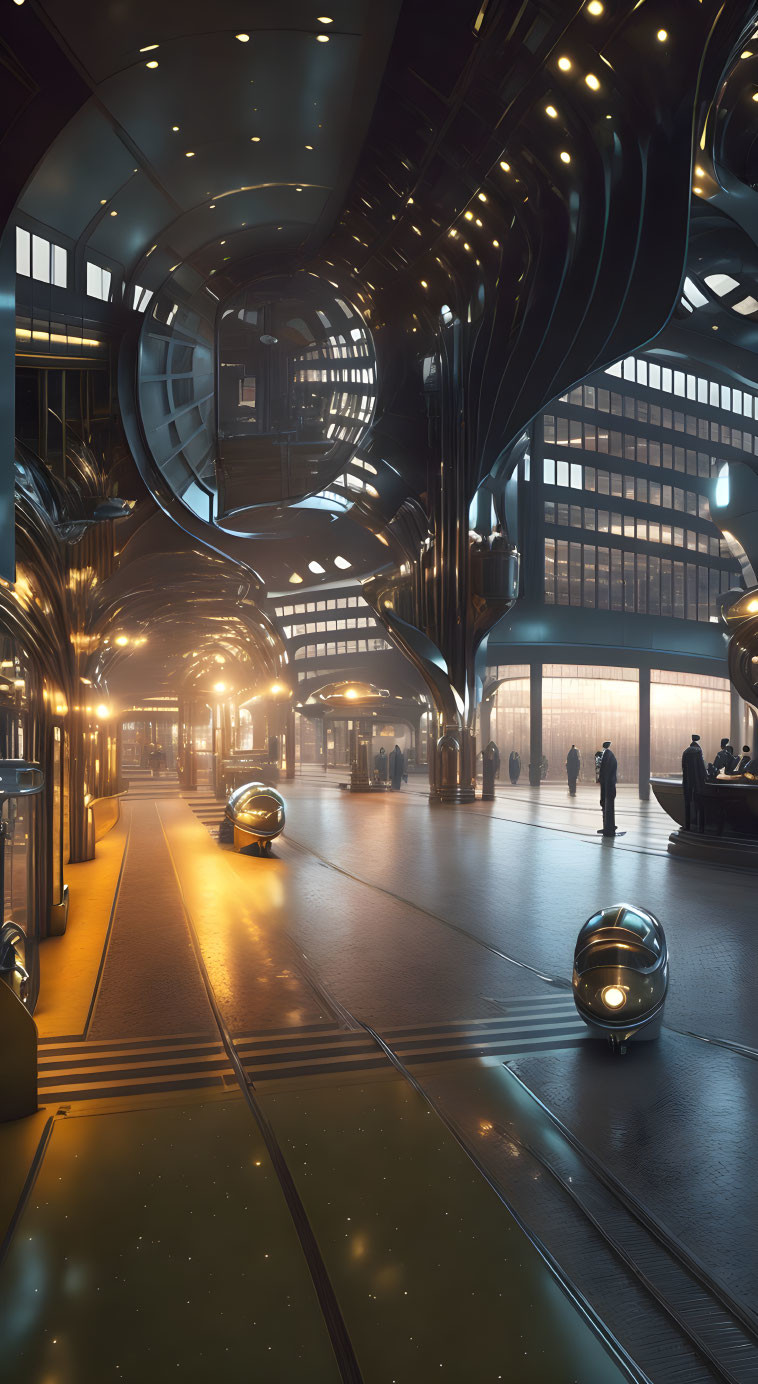 Modern futuristic interior design with metallic structures, glowing floors, and spherical pods, featuring people for scale.